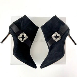 MANOLO BLAHNIK || Plinianu Black Suede Jewel Buckle Ankle Boots New US 10.5